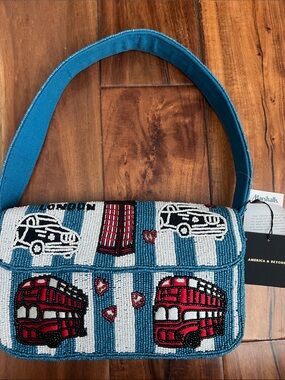 America & beyond Beaded London Motif Shoulder Bag in Teal and Red